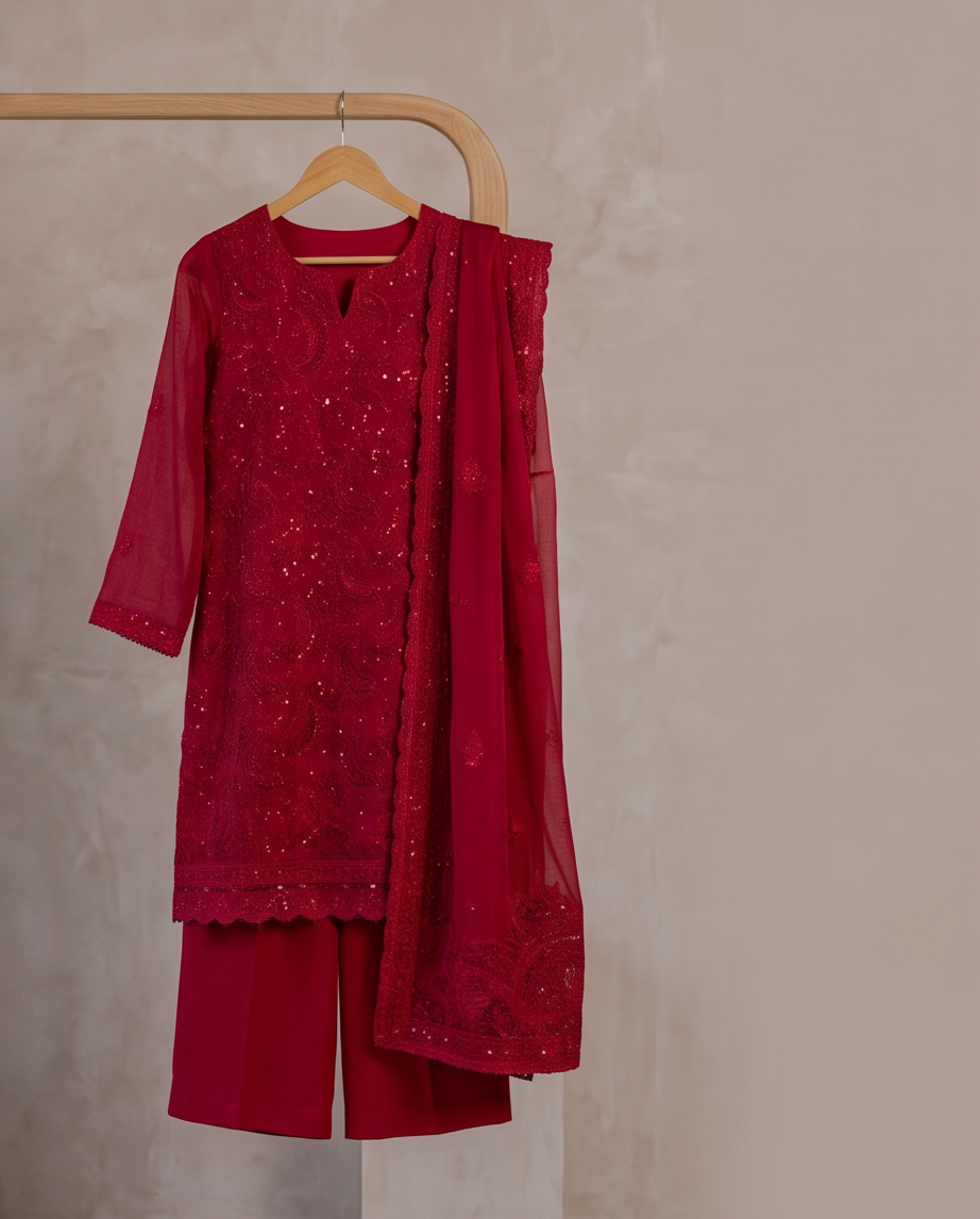 Blood Red  Embroidered 3-Piece Chiffon Dress