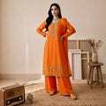 Sunset Orange Embellished Raw Silk Kurta with Wide-Leg Trousers & Dupatta