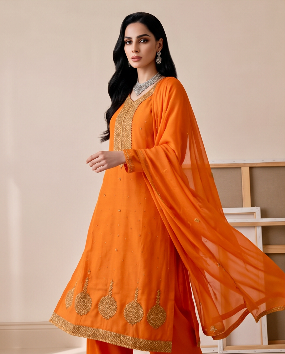Sunset Orange Embellished Raw Silk Kurta with Wide-Leg Trousers & Dupatta