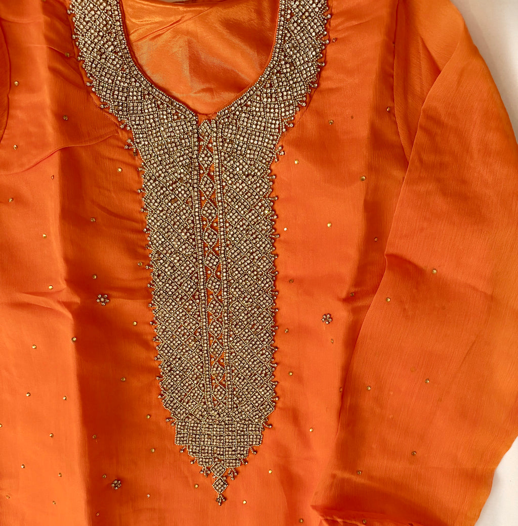 Sunset Orange Embellished Raw Silk Kurta with Wide-Leg Trousers & Dupatta