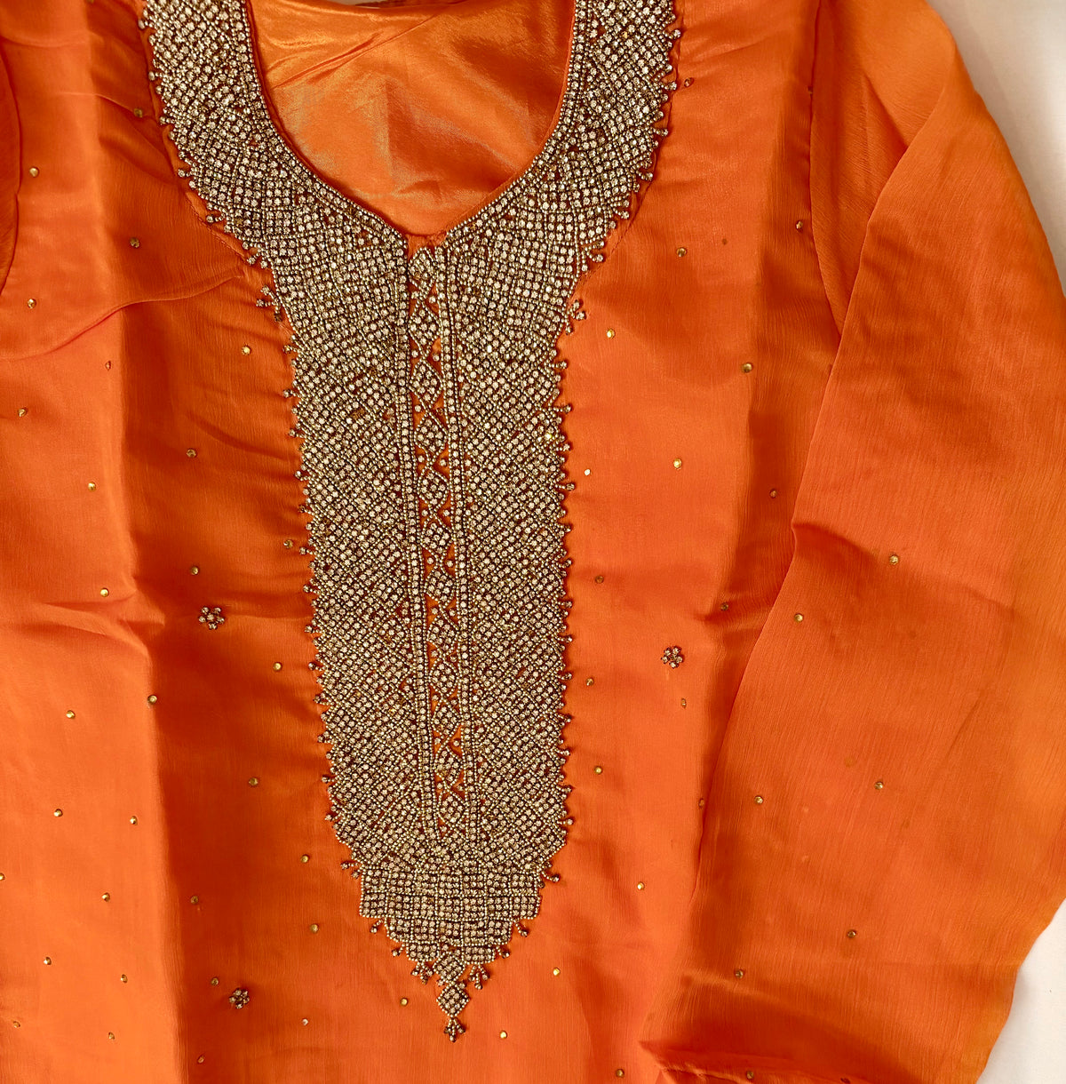 Sunset Orange Embellished Raw Silk Kurta with Wide-Leg Trousers & Dupatta
