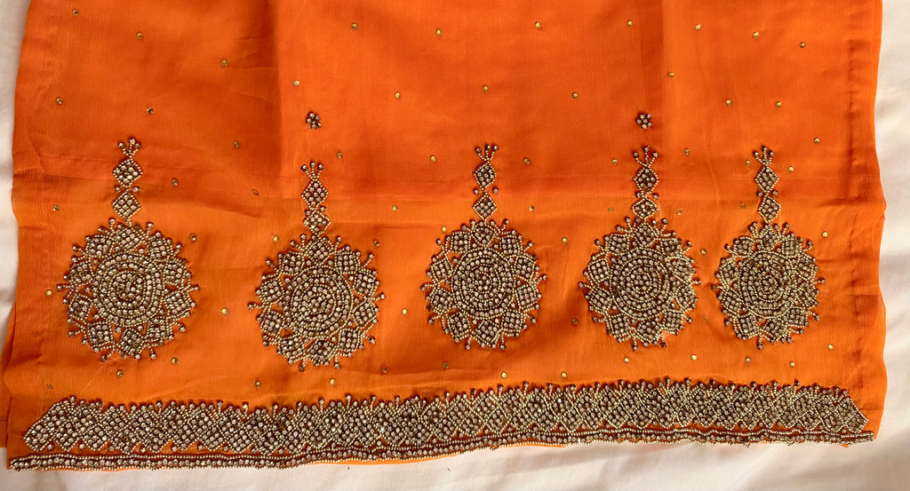 Sunset Orange Embellished Raw Silk Kurta with Wide-Leg Trousers & Dupatta