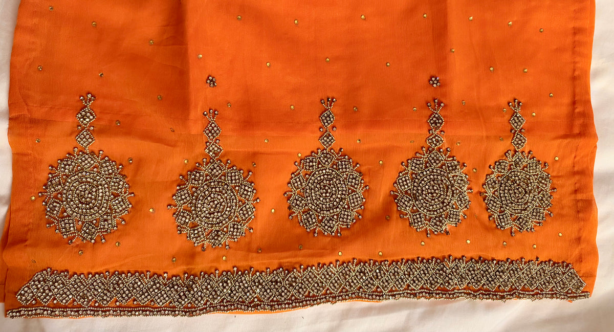 Sunset Orange Embellished Raw Silk Kurta with Wide-Leg Trousers & Dupatta