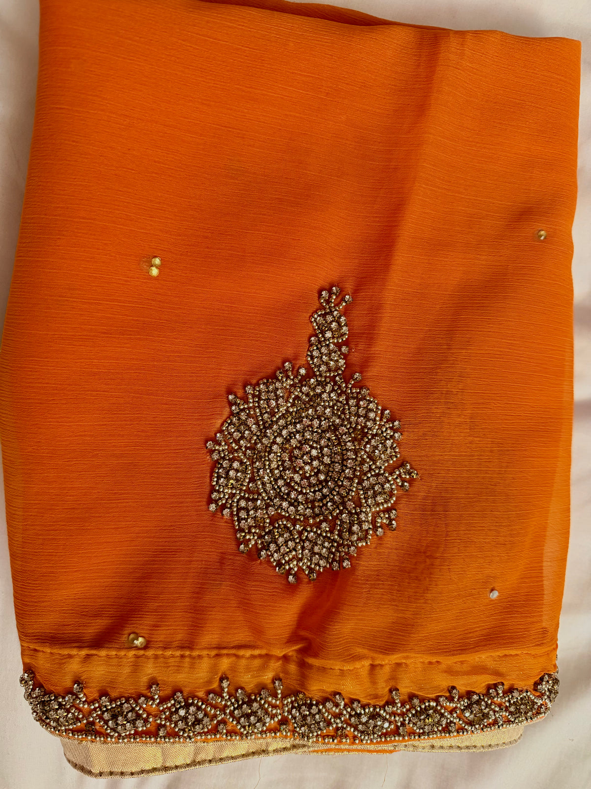 Sunset Orange Embellished Raw Silk Kurta with Wide-Leg Trousers & Dupatta