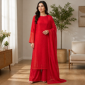 Crimson Red Micro-Sequin Chiffon 3-Piece Kurta Set