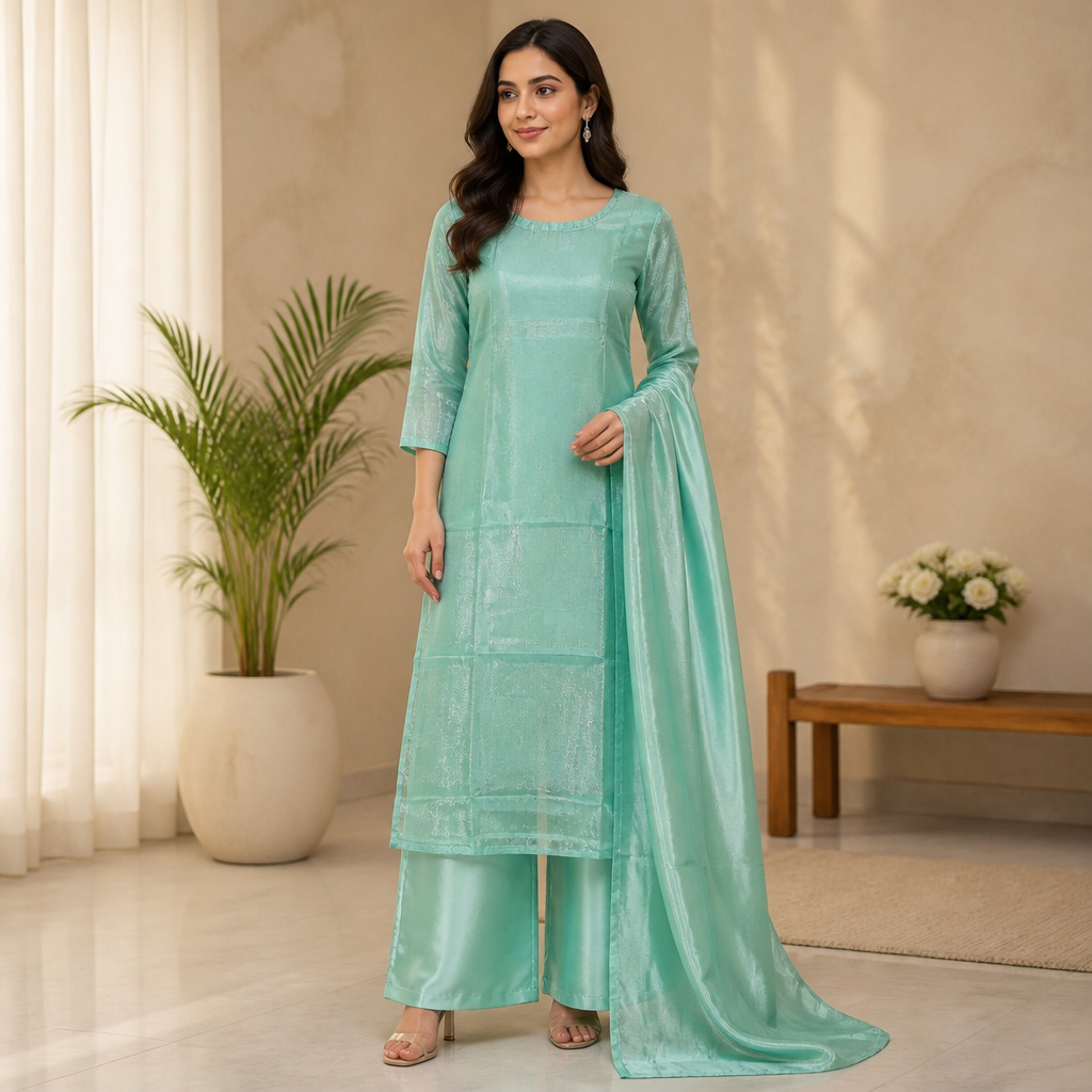 Mint Green Micro-Sequin Chiffon 3-Piece Kurta Set