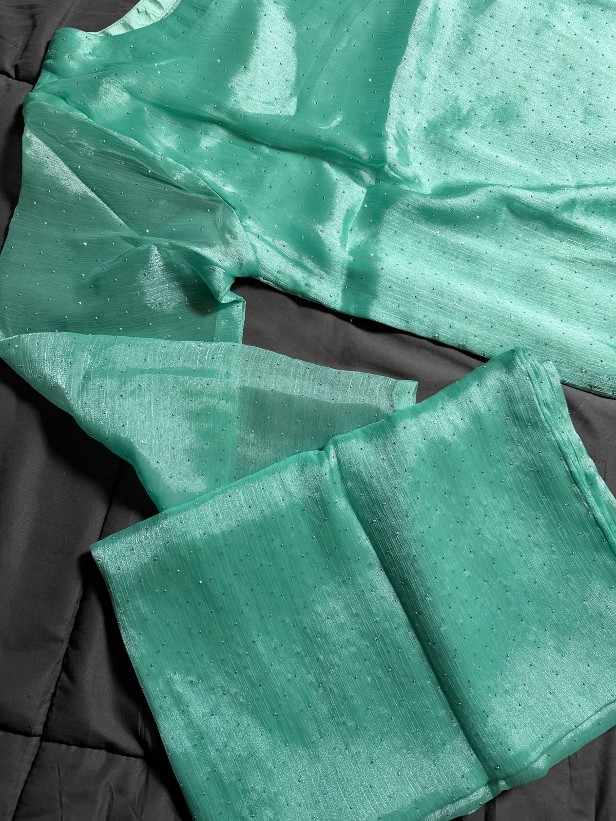 Mint Green Micro-Sequin Chiffon 3-Piece Kurta Set