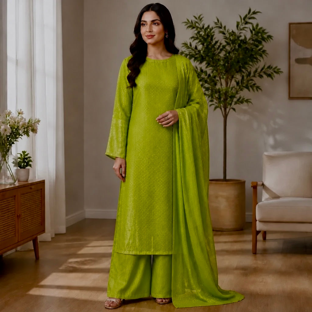 Lime Green Micro-Sequin Pure Silk 3-Piece Kurta Set