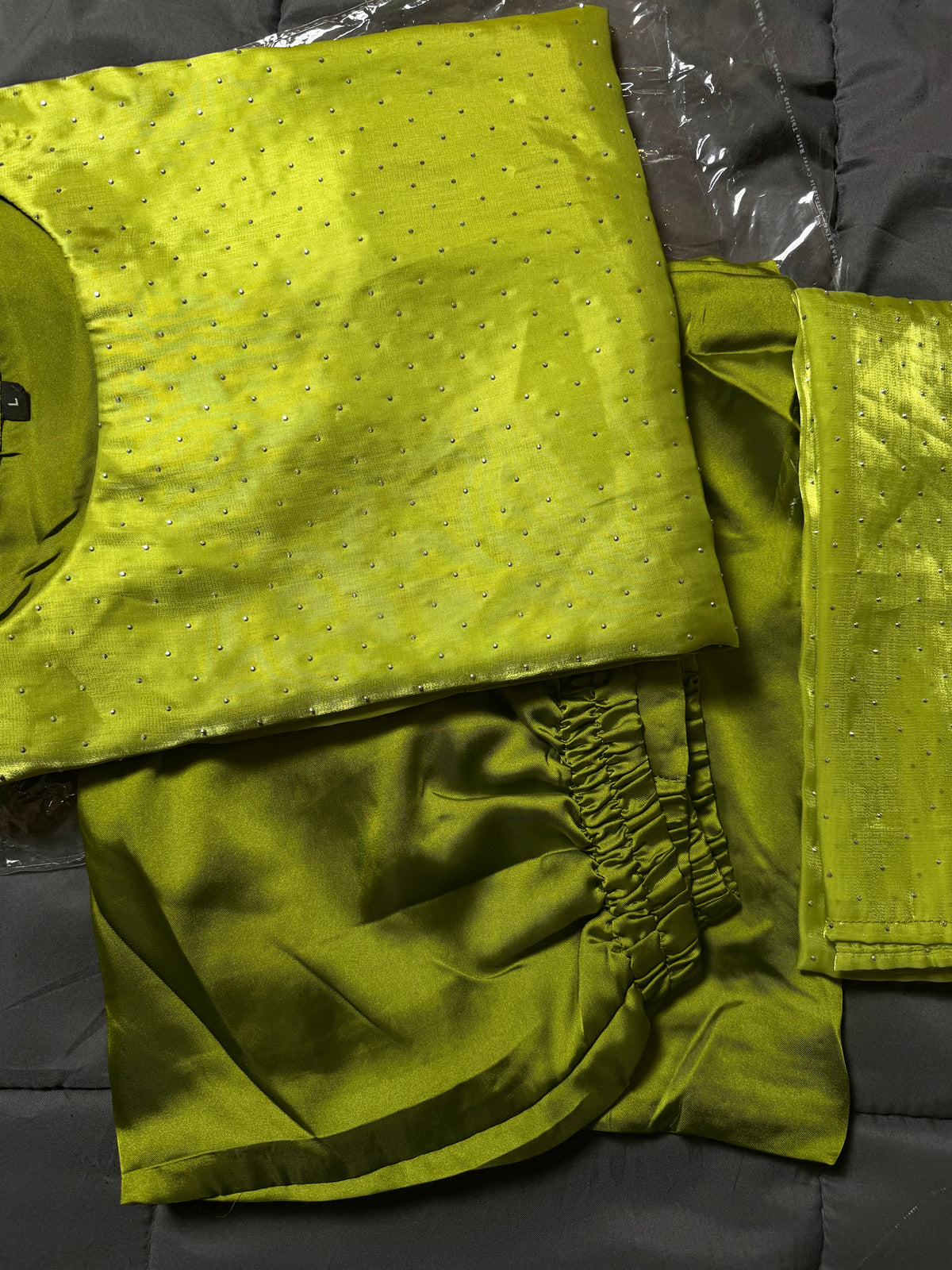 Lime Green Micro-Sequin Pure Silk 3-Piece Kurta Set