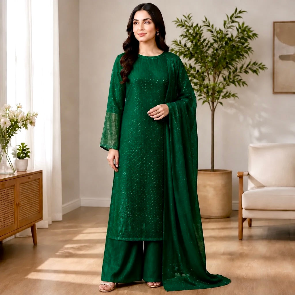 Emerald Green Micro-Sequin Pure Silk 3-Piece Kurta Se