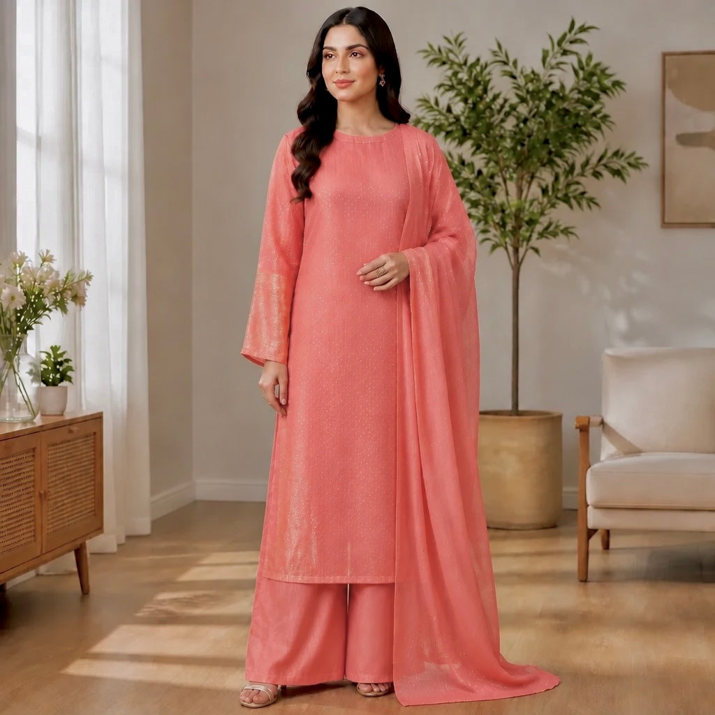 Coral Pink Micro-Sequin Pure Silk 3-Piece Kurta Set