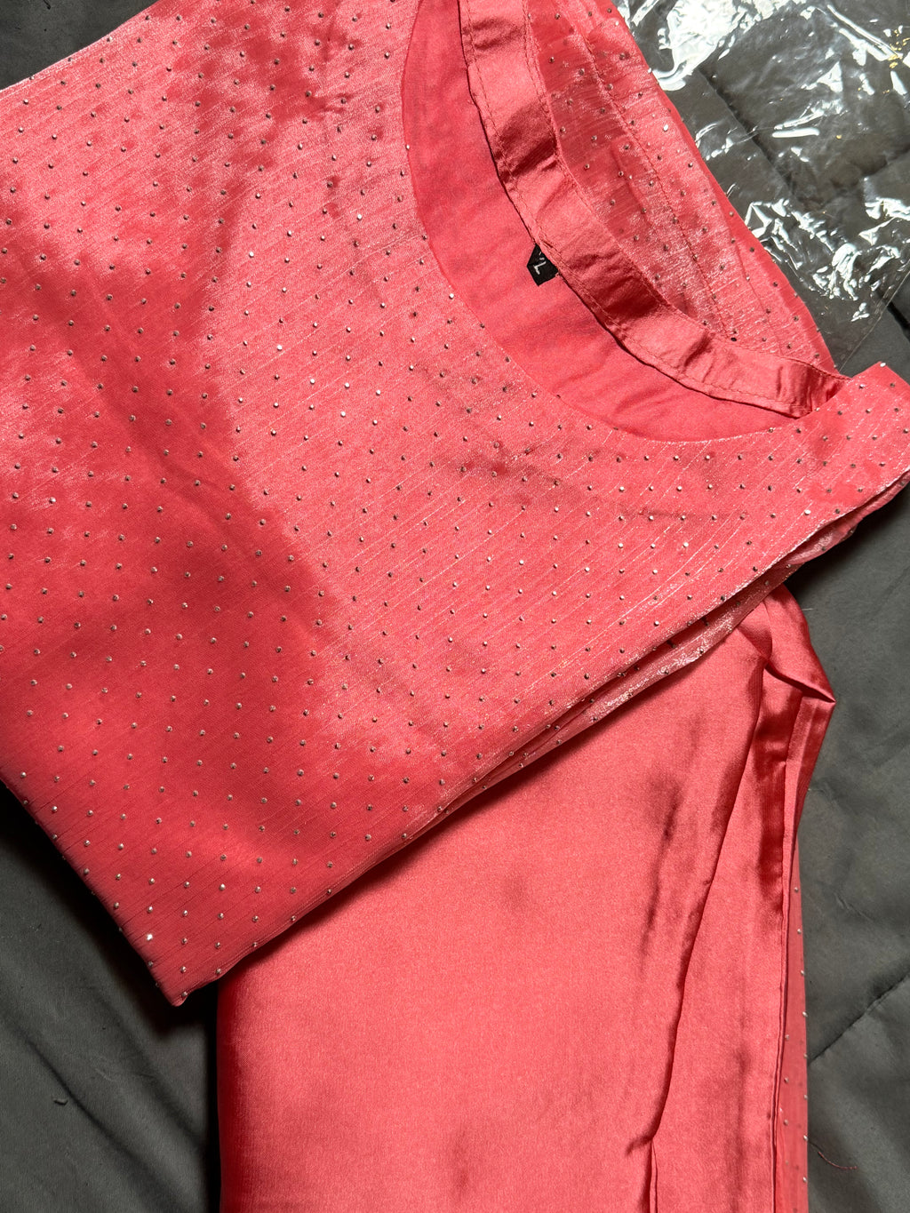 Coral Pink Micro-Sequin Pure Silk 3-Piece Kurta Set