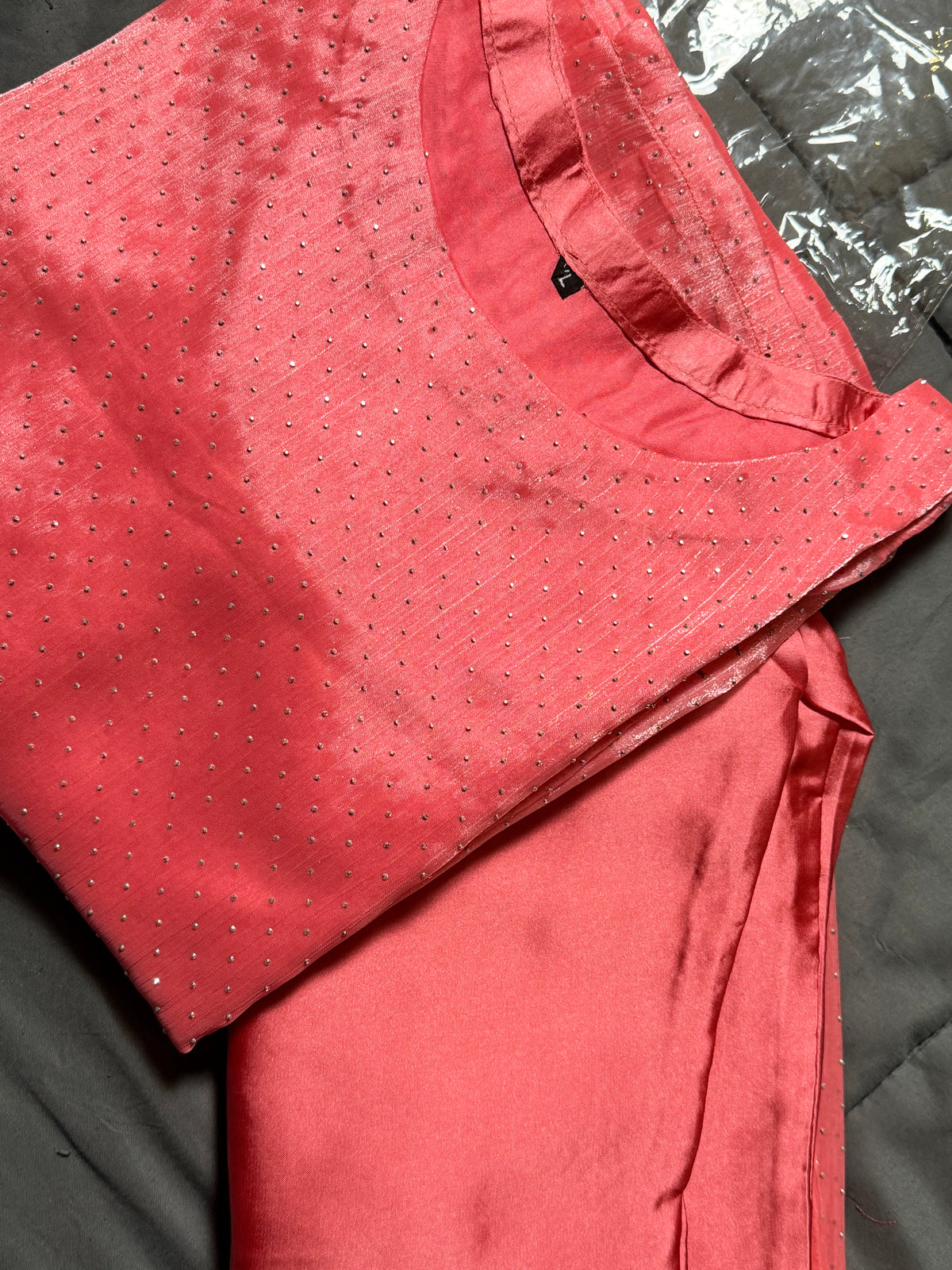 Coral Pink Micro-Sequin Pure Silk 3-Piece Kurta Set
