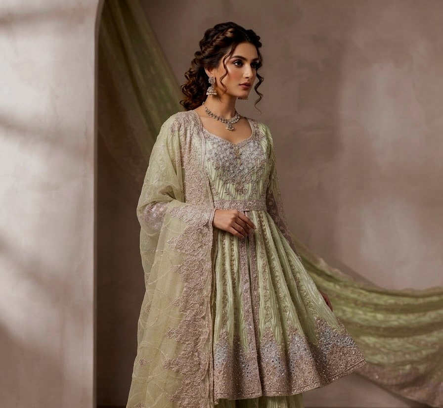 Pistachio Green Heavy Work Short Frock with Sharara & Dupatta