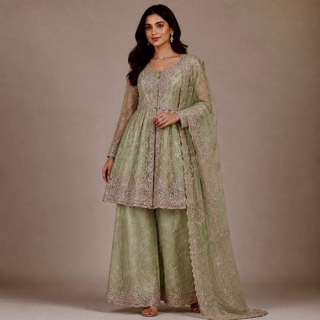 Pistachio Green Heavy Work Short Frock with Sharara & Dupatta