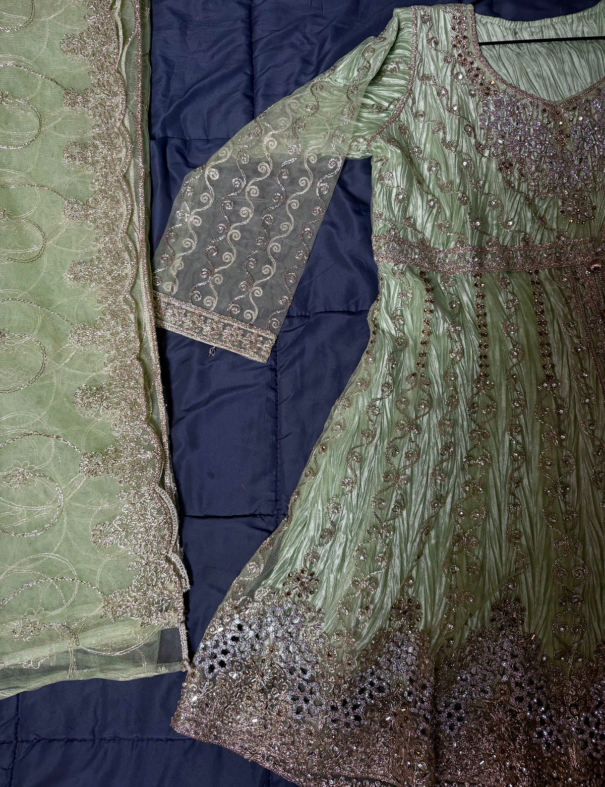 Pistachio Green Heavy Work Short Frock with Sharara & Dupatta