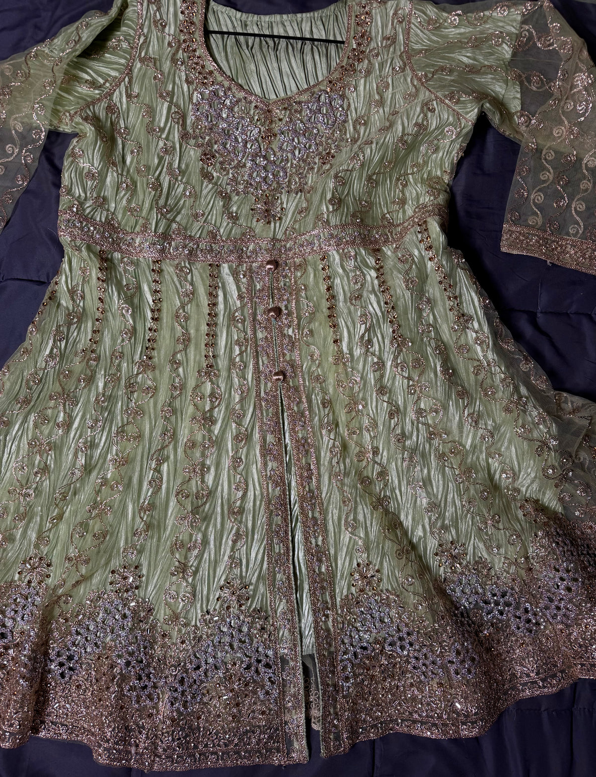 Pistachio Green Heavy Work Short Frock with Sharara & Dupatta