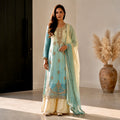 Pastel Yellow & Aqua Blue Ombré Silk Kurta Set with Wide-Leg Trousers
