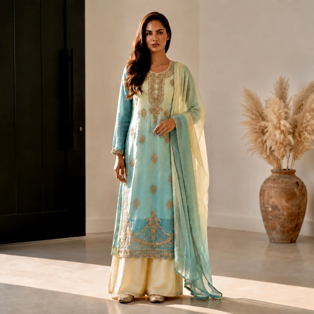 Pastel Yellow & Aqua Blue Ombré Silk Kurta Set with Wide-Leg Trousers