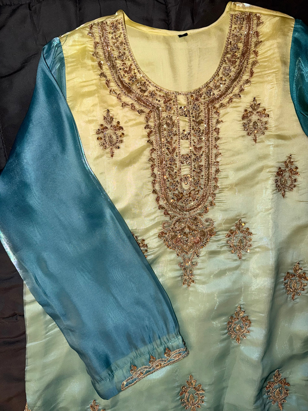 Pastel Yellow & Aqua Blue Ombré Silk Kurta Set with Wide-Leg Trousers