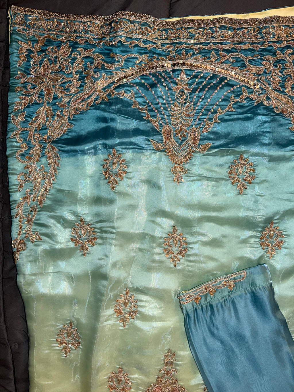 Pastel Yellow & Aqua Blue Ombré Silk Kurta Set with Wide-Leg Trousers