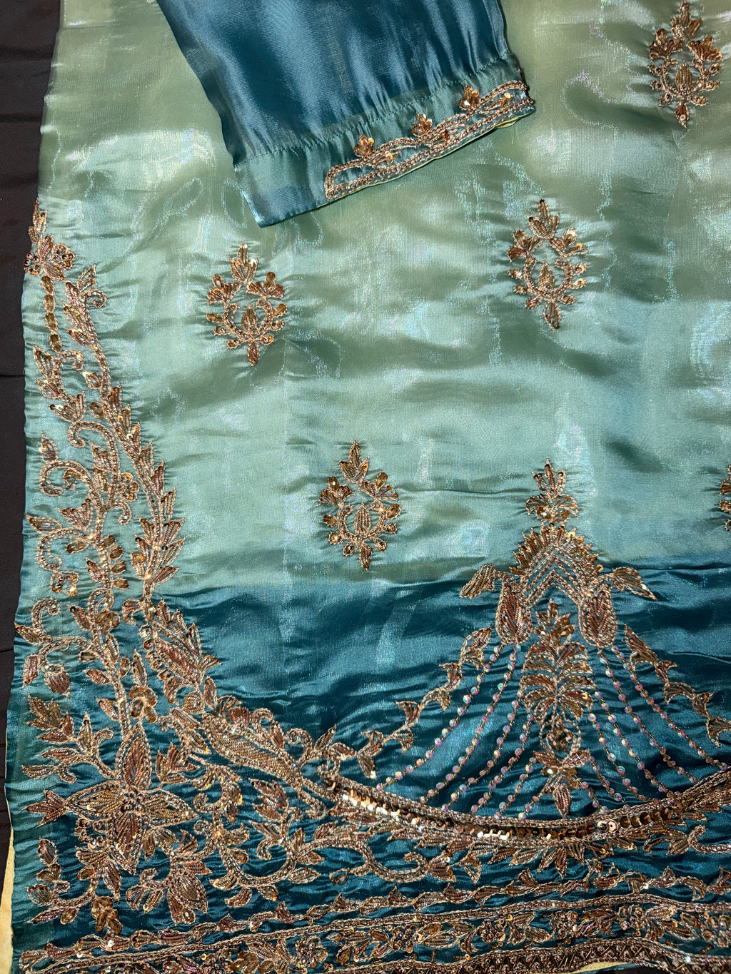 Pastel Yellow & Aqua Blue Ombré Silk Kurta Set with Wide-Leg Trousers