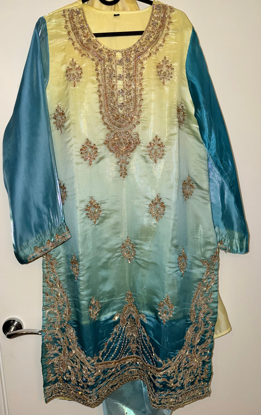 Pastel Yellow & Aqua Blue Ombré Silk Kurta Set with Wide-Leg Trousers