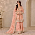 Blush Pink Embellished Silk Peplum Frock & Sharara Set