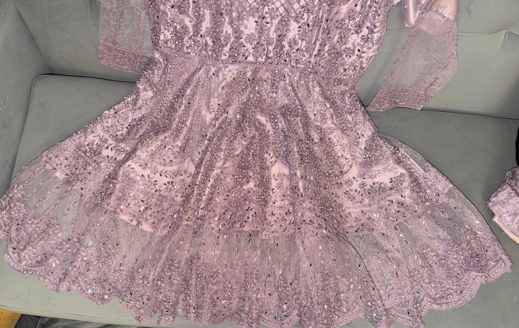 Lilac Lavender Embellished Net Peplum Frock & Sharara Set