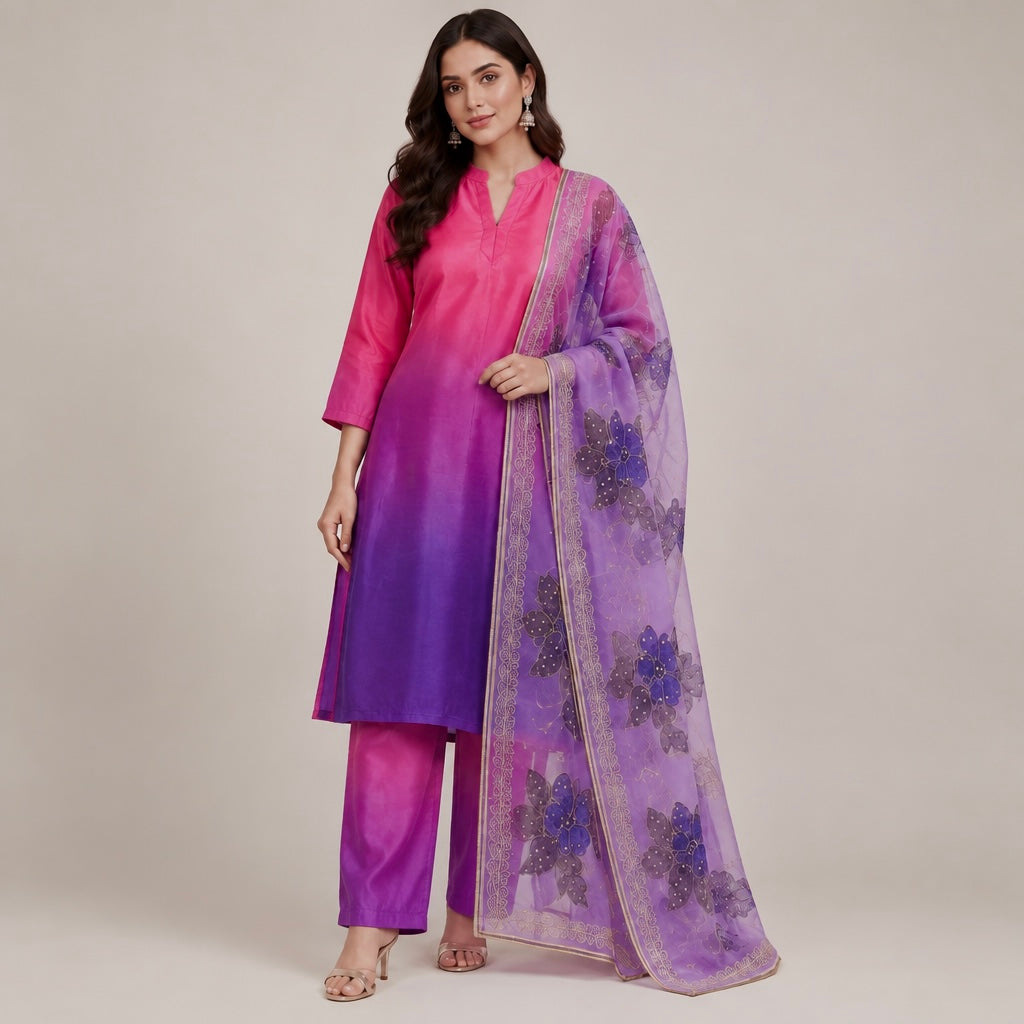 Magenta & Royal Purple Ombré Raw Silk Kurta Se