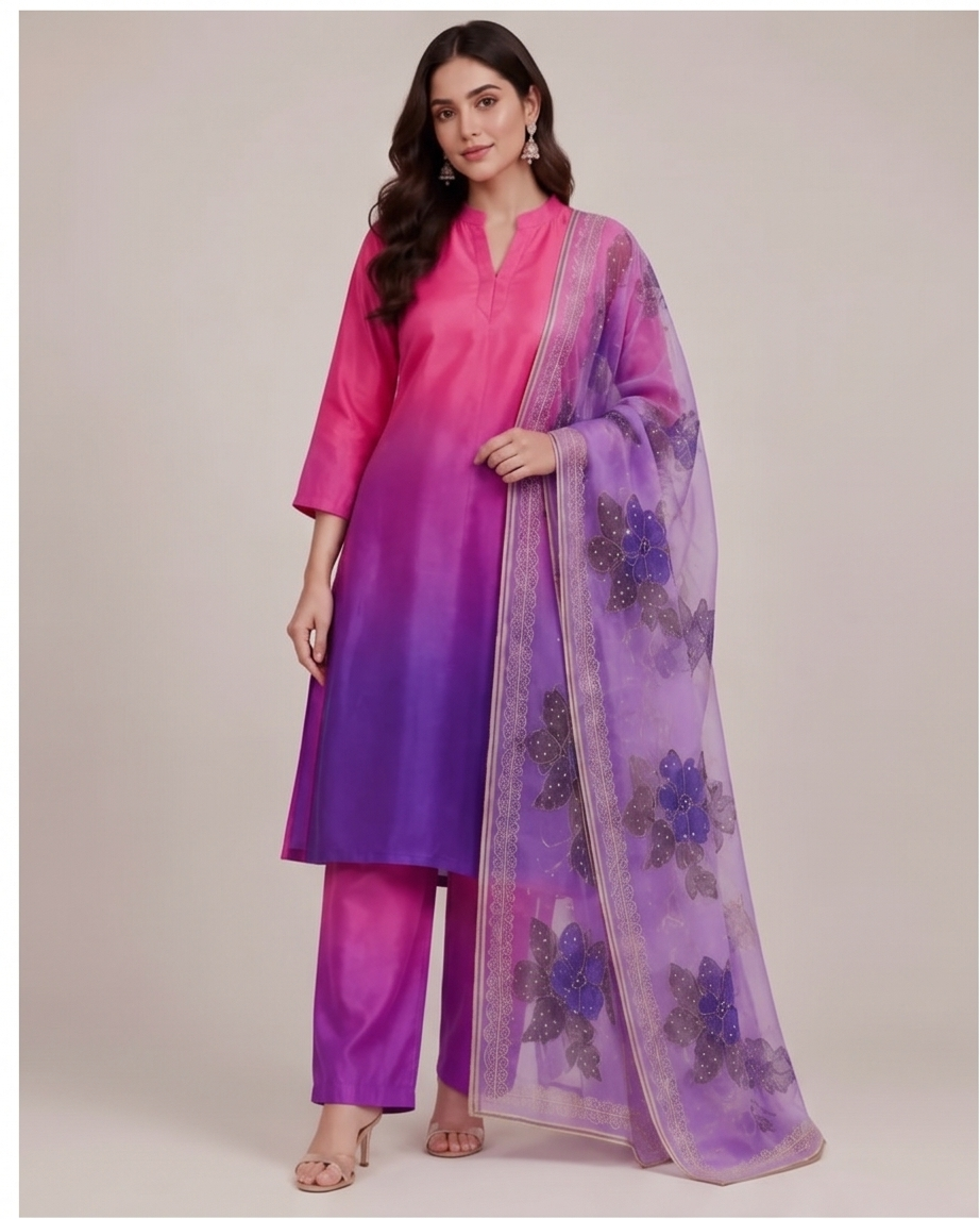 Magenta & Royal Purple Ombré Raw Silk Kurta Se