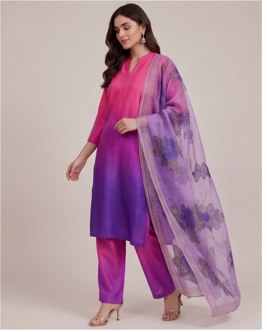 Magenta & Royal Purple Ombré Raw Silk Kurta Se