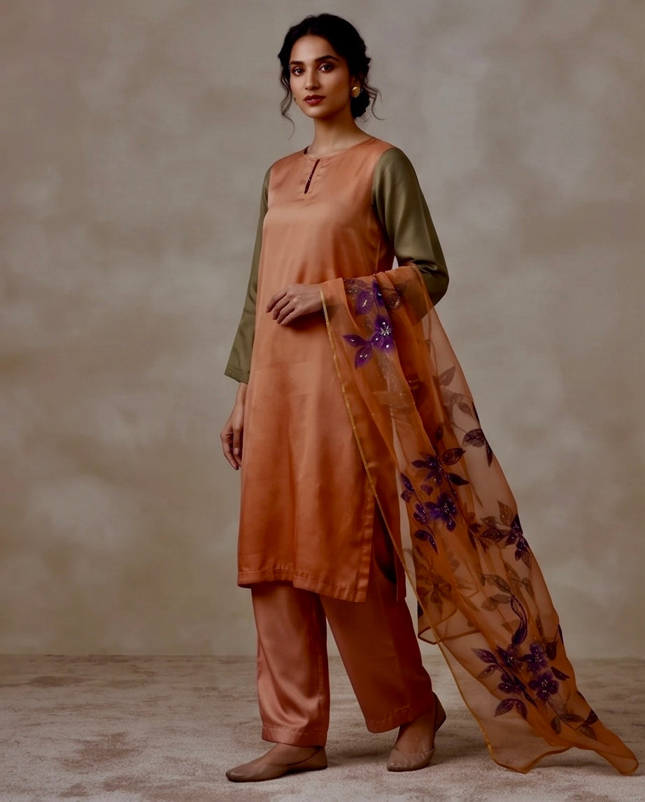 Terracotta Peach & Olive Raw Silk Colorblock Kurta Set
