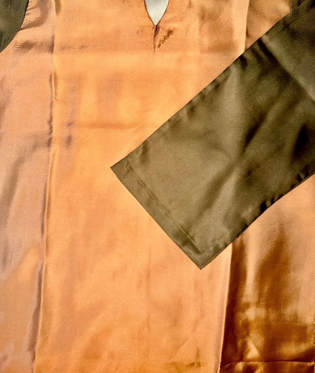 Terracotta Peach & Olive Raw Silk Colorblock Kurta Set