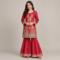 Maroon Red Paisley Embroidered Silk Kurta with Flared Sharara Set