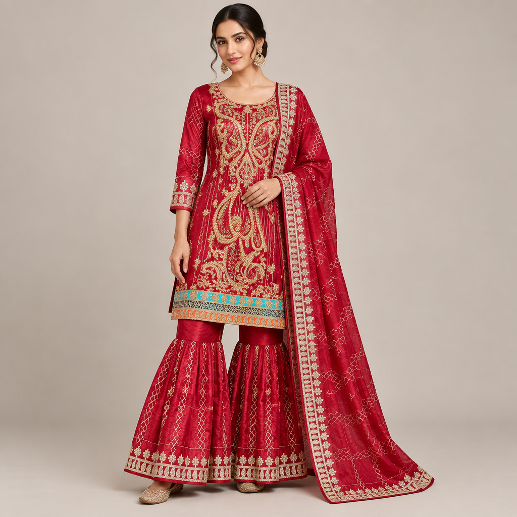 Maroon Red Paisley Embroidered Silk Kurta with Flared Sharara Set