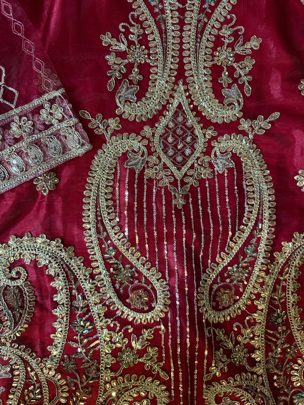 Maroon Red Paisley Embroidered Silk Kurta with Flared Sharara Set