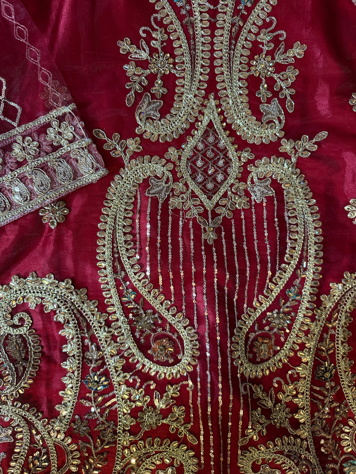 Maroon Red Paisley Embroidered Silk Kurta with Flared Sharara Set