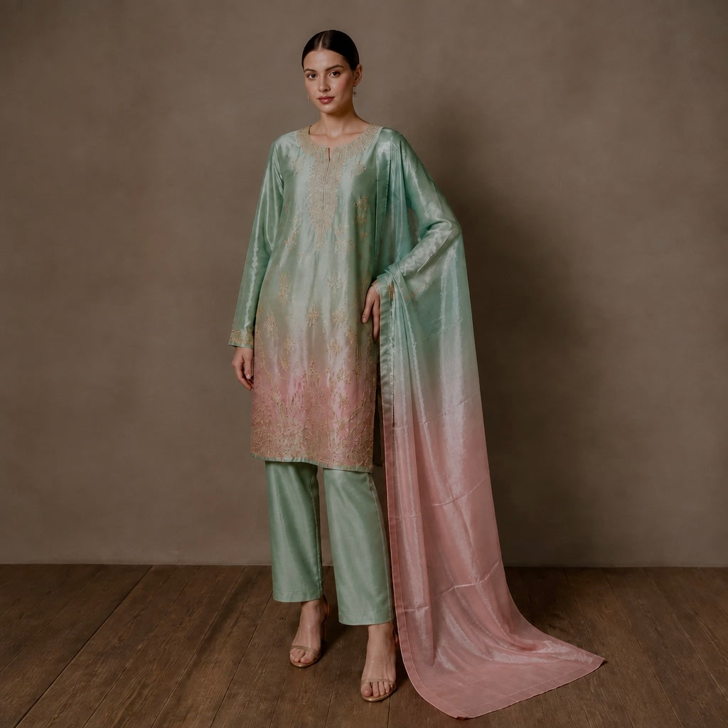 Mint Green & Dusty Pink Ombré Hand-Embellished Silk Suit