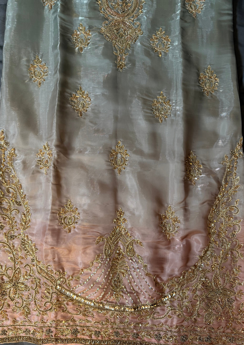 Mint Green & Dusty Pink Ombré Hand-Embellished Silk Suit