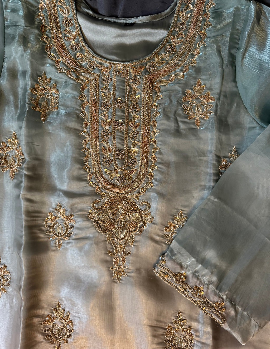 Mint Green & Dusty Pink Ombré Hand-Embellished Silk Suit