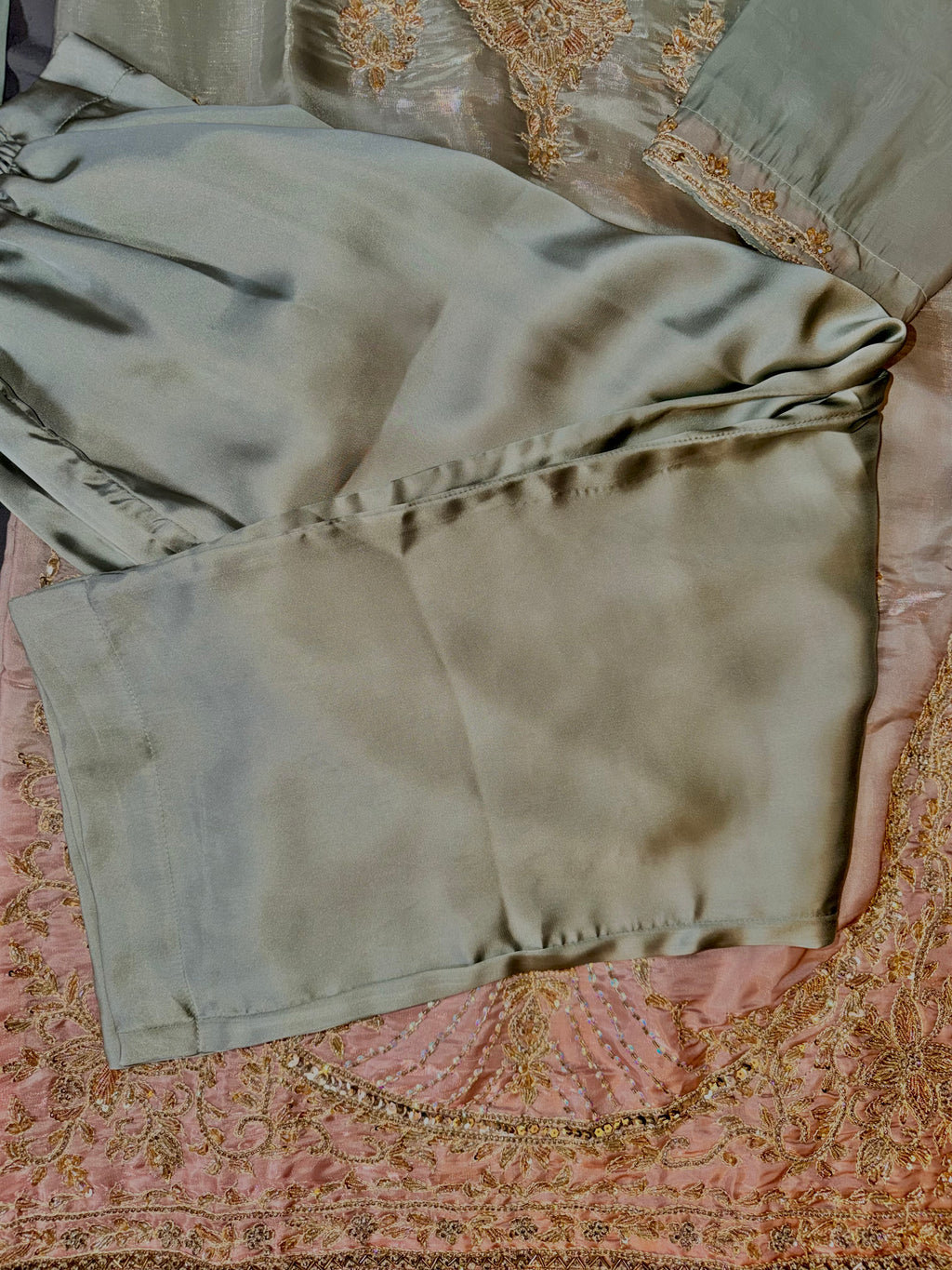 Mint Green & Dusty Pink Ombré Hand-Embellished Silk Suit