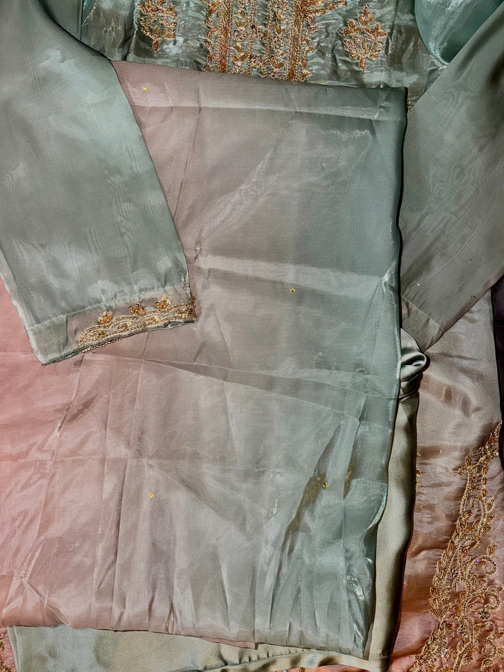 Mint Green & Dusty Pink Ombré Hand-Embellished Silk Suit