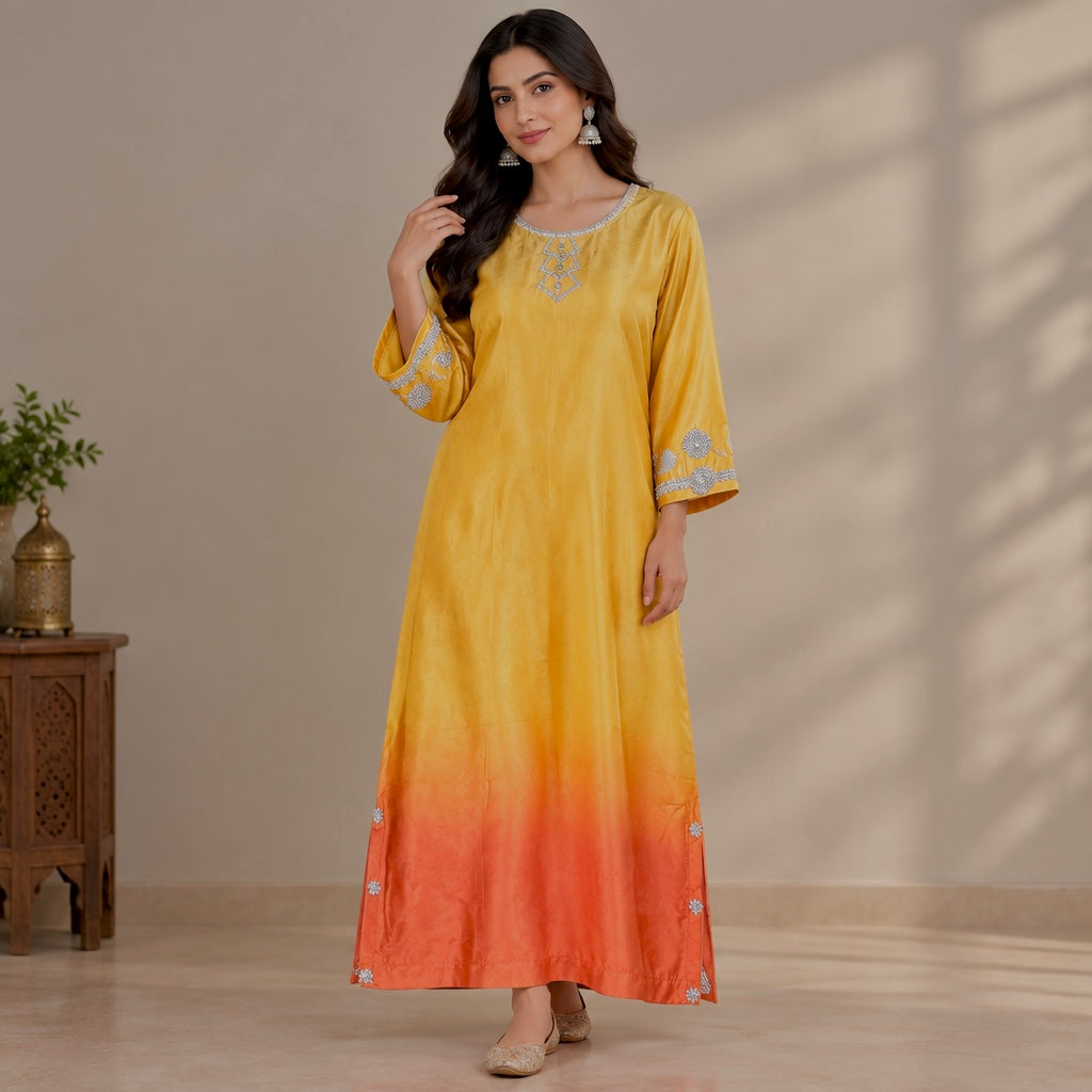 Sunset Ombré Silk Kaftan Dress with Crystal & Rhinestone Embellishments
