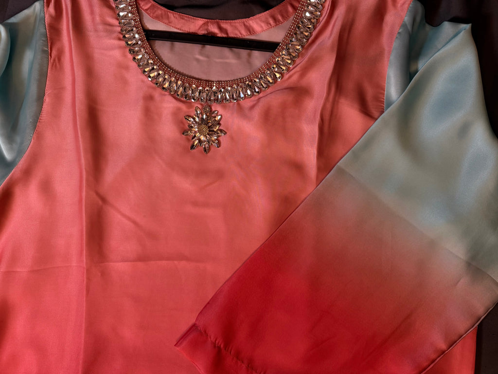 Coral Pink & Sky Blue Ombré Silk Suit Set with Organza Floral Dupatta