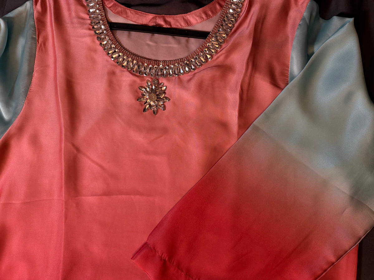 Coral Pink & Sky Blue Ombré Silk Suit Set with Organza Floral Dupatta