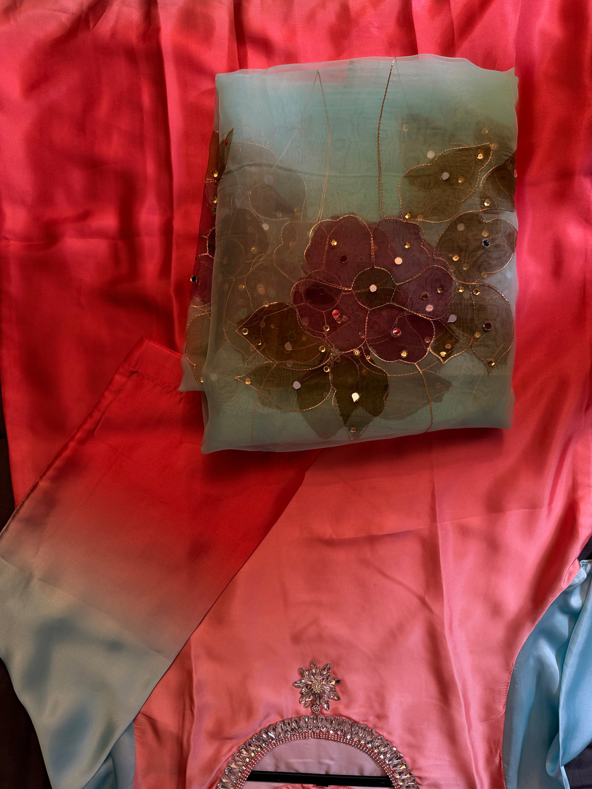 Coral Pink & Sky Blue Ombré Silk Suit Set with Organza Floral Dupatta