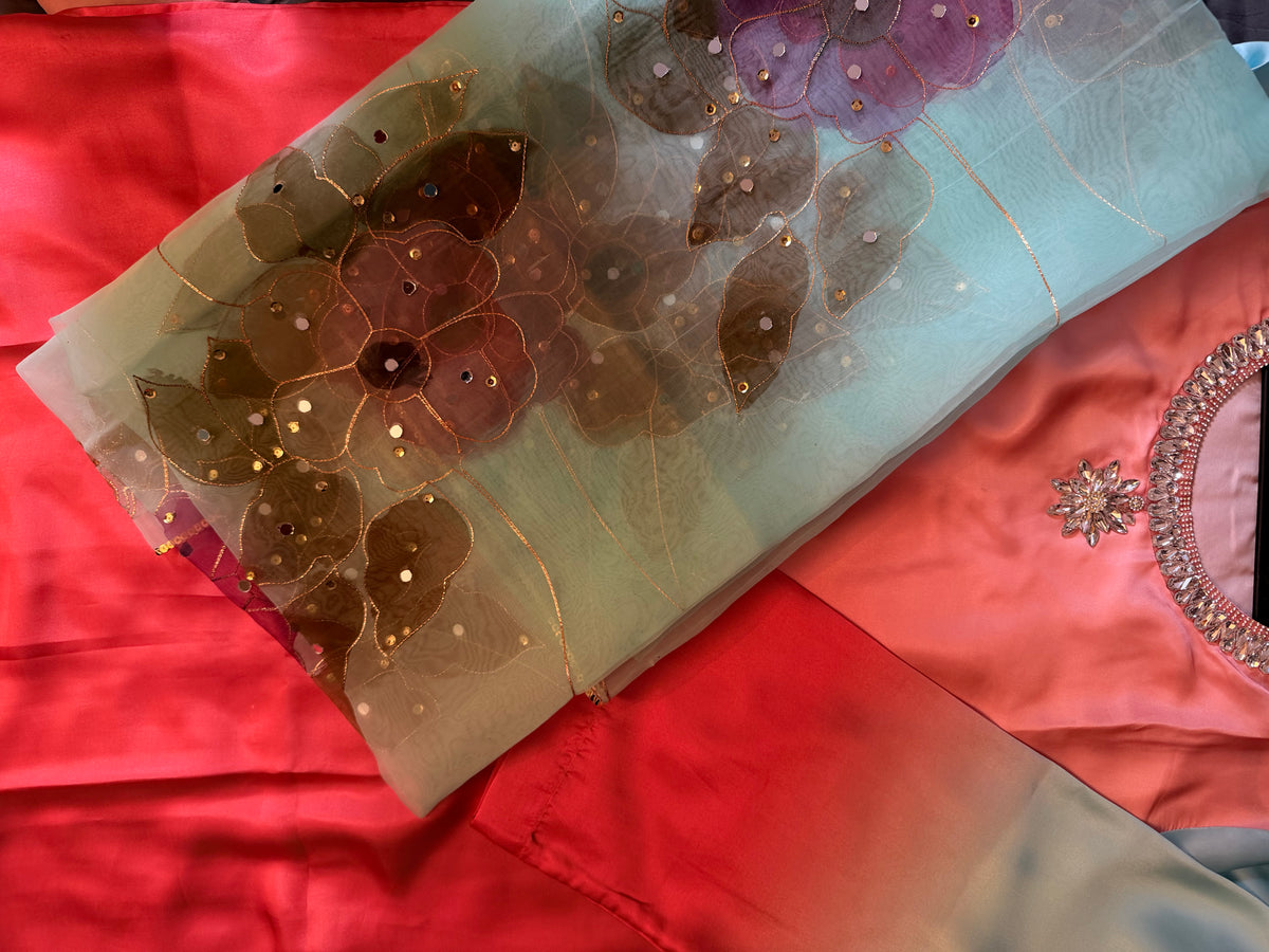 Coral Pink & Sky Blue Ombré Silk Suit Set with Organza Floral Dupatta