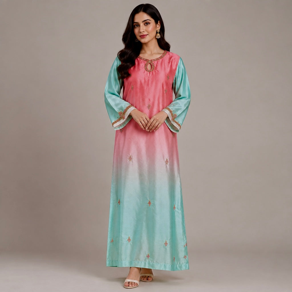 Rose Pink & Seafoam Ombré Silk Kaftan with Keyhole Neckline & Stone Detailing