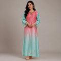 Rose Pink & Seafoam Ombré Silk Kaftan with Keyhole Neckline & Stone Detailing